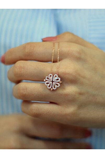 SUNSHINE 925 Ayar Rose Kaplamalı Beyaz Taşlı Mıknatıslı Açılır Kapanır Yonca ...