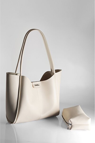 DENSİLA حقيبة يد وكتف كريمية كبيرة الحجم للنساء - حقيبة مكياج