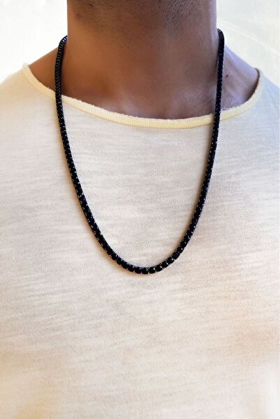 SUNSHINE 925 Ayar Siyah Taşlı Su Yolu Erkek Gümüş Kolye