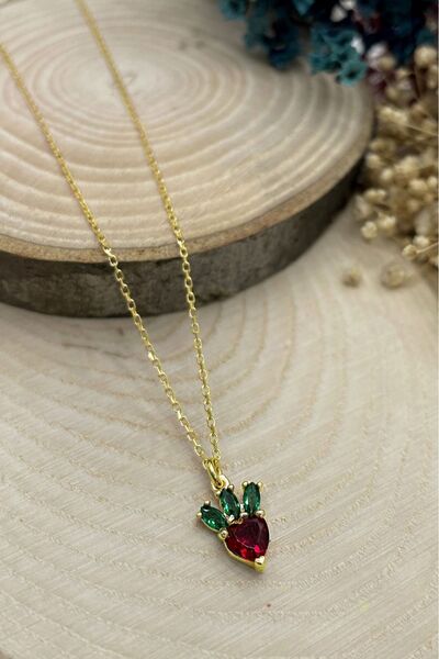 SUNSHINE 925 Ayar Gold Kaplamalı Kırmızı ve Yeşil Taşlı Minimal Çilek - Meyve...