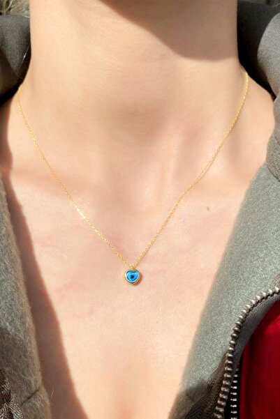 SUNSHINE 925 Ayar Gold Kaplamalı Kalp Nazar Cam Göz Gümüş Kolye