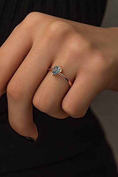 SUNSHINE 925 Ayar Rose Kaplamalı Aqua Damla Kesim Minimal Zarif Gümüş Yüzük