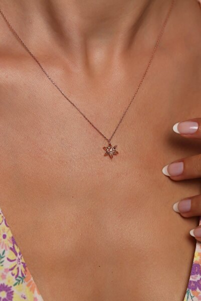 SUNSHINE 925 Ayar Rose Kaplamalı Bej Taşlı Çiçek Gümüş Kolye