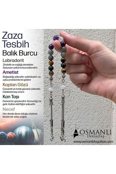 OSMANLI DOĞAL TAŞ Zaza Tasbih Pește cu piatră naturală ametist și piatră de sânge - cu detaliu ochi de tigru și labradorit
