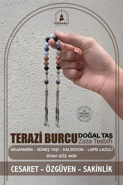 OSMANLI DOĞAL TAŞ Libra Zaza Rosary Natural Stone Aquamarine, Sun Stone, Chalcedony, Lapis Lazuli, Black Eye Agate