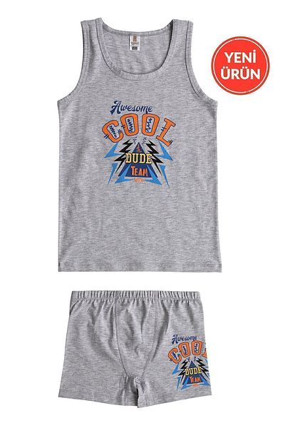 ÖZKAN underwear Boys' Cotton Gray Tank Top Shorts - Lycra, Flexible and Comfortable, Thick Strap, Printed