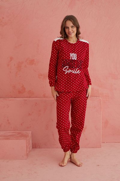 ELİTOL Crew Neck Red Smile Polka Dot Plush Fleece Pajama Set