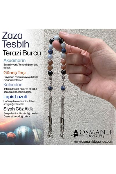 OSMANLI DOĞAL TAŞ Libra Zaza Rosary Natural Stone Aquamarine, Sun Stone, Chalcedony, Lapis Lazuli, Black Eye Agate