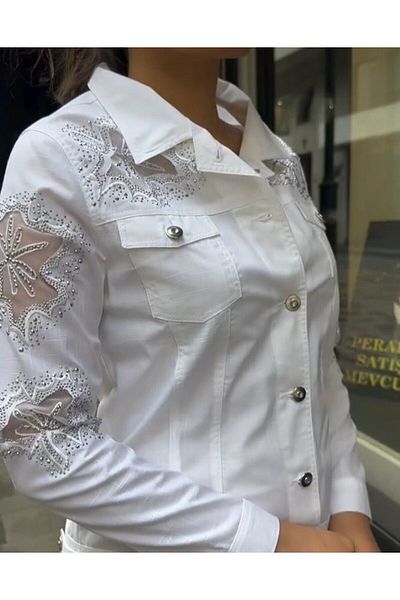 SGS Le Viva Sgs White Color Cotton Fabric Coat with Stone Embroidery and Tulle Detail