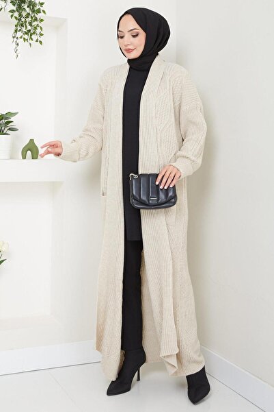 hafsamina Stone Colored Shawl Collar Pocket Knitwear Cardigan - Hm2534