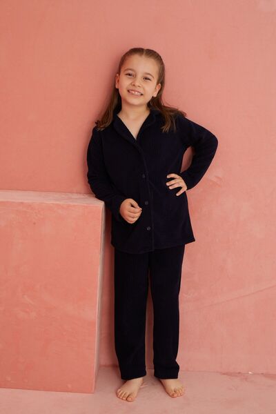 ELİTOL Синій полярний піжамний комплект - Прямий, на ґудзиках спереду