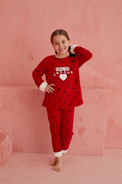 ELİTOL Kırmızı Dreams Kalp Desenli Bisiklet Yaka Peluş Polar Pijama Takım
