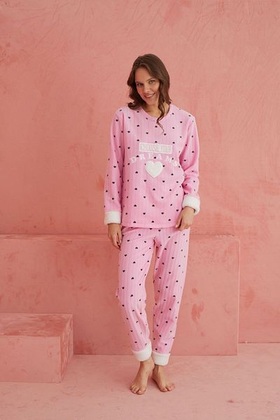 ELİTOL Pink Dreams - Heart Patterned Crew Neck Plush Fleece Pajama Set