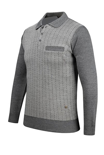 Çizgi Triko Ανδρικό πλεκτό πουλόβερ με ριγέ γιακά πόλο - Διακοσμημένα μπράτσα και ελαστική μέση, ατσάλινο πλεκτό Classic - 5007FA