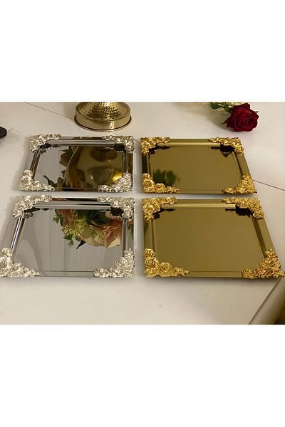 Elzemm store Smiling 4-Piece Square Presentation Tray - Gold and Silver Accessories