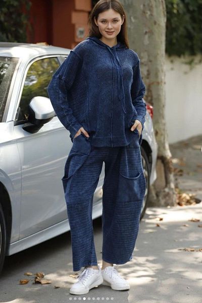 AYASOFYA OTANTIK Navy Blue Oversize Loose Cotton Knitwear Sweater and Pants Set - Hooded
