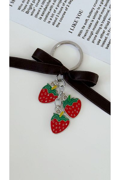 Âlâ Atelier Strawberry Patterned Bow Detailed Keychain - Bag and Car Accessory, Y2K Design
