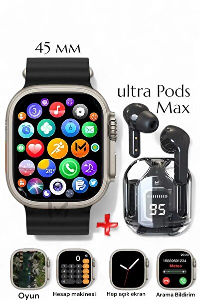MATEO Akıllı saat 45mm Siyah Watch 8 Ultra Arama Bildirim ve Ultra Pods Max Bluetooth kulaklık