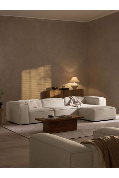 S Home Design Concept Frida 4 Modül Pofidik Modüler Kanepe L Köşe Koltuk Takımı, Keten, Kırık Beyaz
