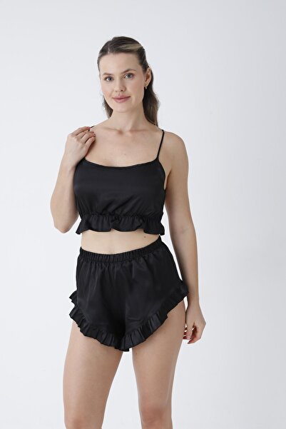 KARLİNAX Siyah Fırfırlı Sırt Dekolteli Pijama Takımı