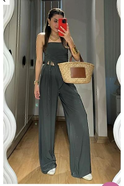 leilas Khakifarbenes Set aus trägerloser Bluse mit Kordelzug und weiter Hose für Damen