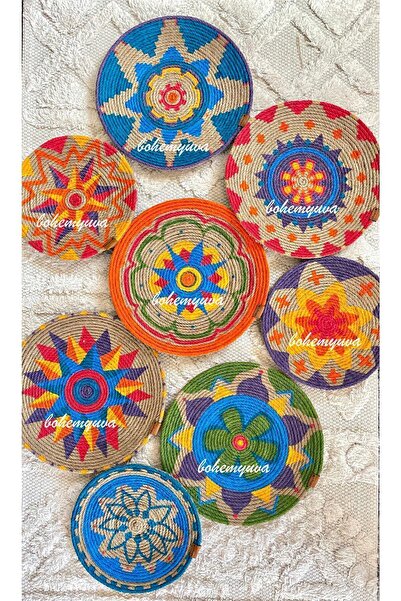 Bohemyuva Alaçatı Özel Seri 8'li Bohem Afrika Etnik Hasır Duvar Tabak Seti