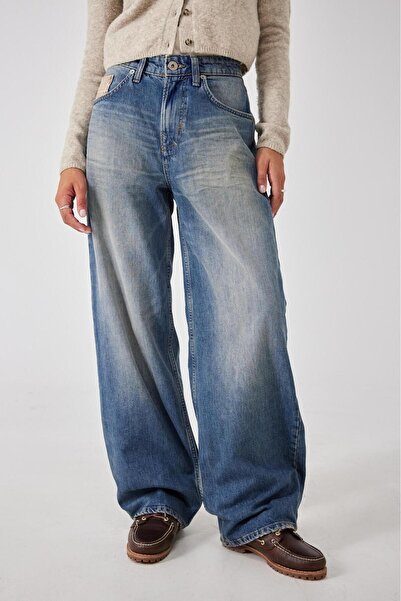 september island Yıkanmış Mavi Renk Şalvar Model Jean Pantolon