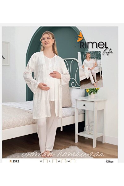 Reyhanlar Rimellife 2372 Kadın Lohusa Hamile Penye Üçlü Sabahlıklı Kısa Kollu Pijama Takımı