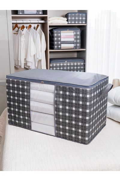 NACAREV Mega Size Windowed Gray Square Pattern Plaid Pillow Quilt Bag 90X50X50 cm