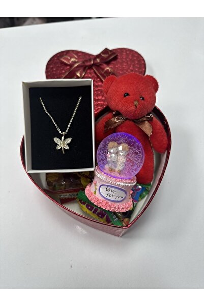 PİNK SHAKE Yılbaşı Hediyesi Kırmızı Kalpli Kutuda Kar Küresi Ve Ayıcık Hediye Kutusu
