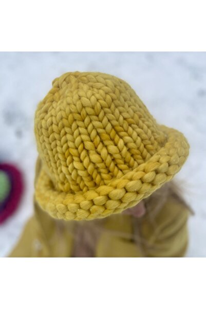 Flux Design Factory El Örgüsü Merino Sarı Bucket Kadın Şapkası