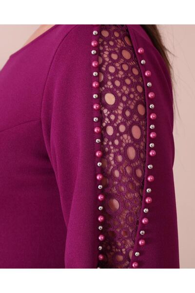 For Big Trend Women's Plus Size Sleeve Pearl Low-cut Detail Pencil Cut Flexible Midi Length Woven Evening Dress