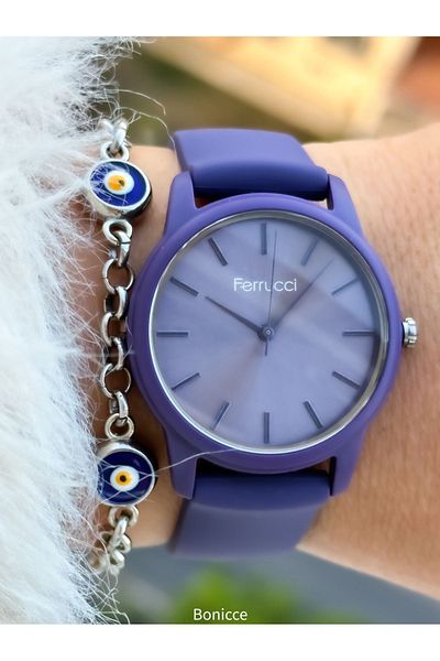 Ferrucci Purple Color Waterproof Silicone Cord Women's Wristwatch and Bracelet