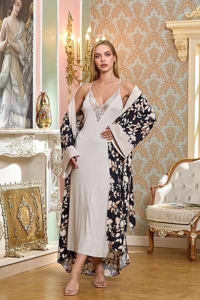 Cossy By Aqua 25196 Women's Floral Patterned Shawl Collar Long Single Dressing Gown