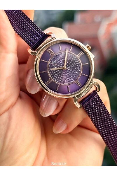 Ferrucci Marka Çelik Kordon Mor Renk Kadın Kol Saati + Nazar Boncuklu Bileklik