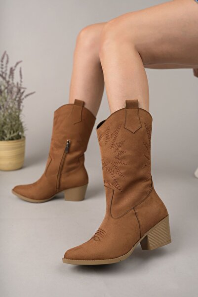 Entella Store Kadın Nakışlı Taba Süet Kovboy Çizme
