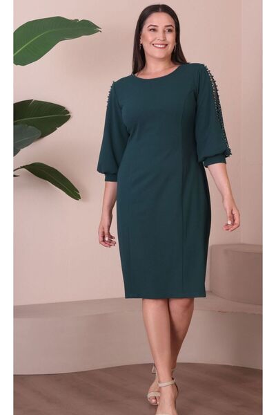 For Big Trend Women's Plus Size Sleeve Pearl Low-cut Detail Pencil Cut Flexible Midi Length Woven Evening Dress