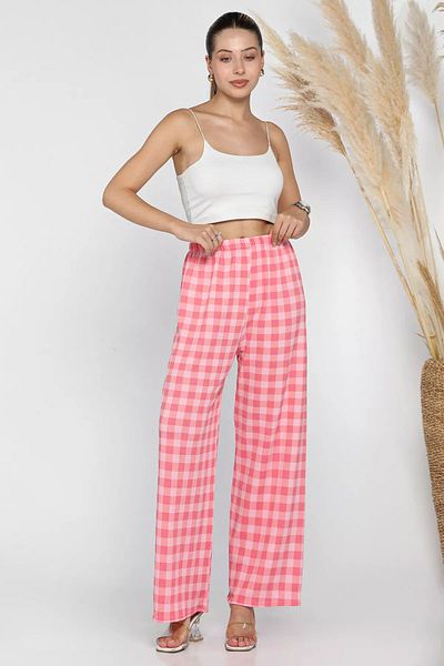 GÜLSELİ Wide Leg Pink Checked Walking Pants
