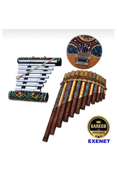 EXENET Müzik Aleti Seti Kalimba Ksilofon Pan Flüt 3'lü Takım Özel Desenli Ota...