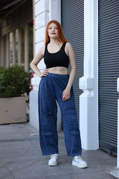 AYASOFYA OTANTIK Navy Blue Women's Knitwear Trousers - Pocket Detailed and Loose Cotton