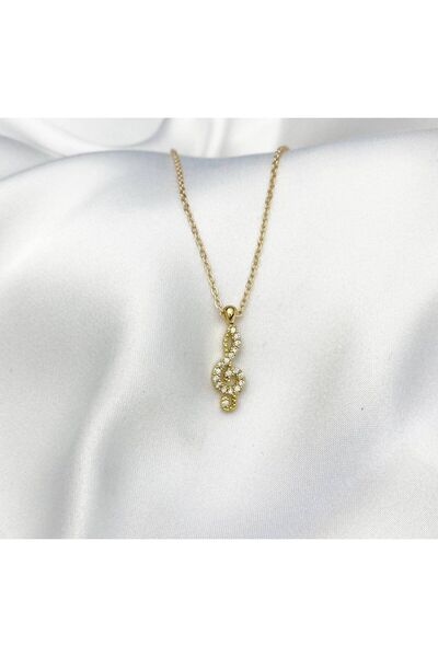 Herşey Nota المفتاح الأيسر الذهبي - قلادة مرصعة بالموسيقى