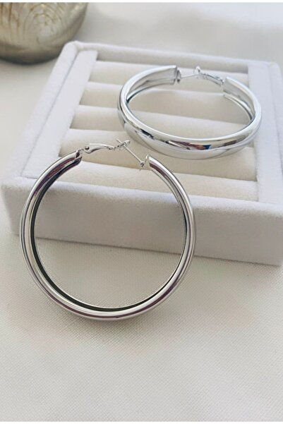 VNS Accessories İthal Rodyum Kaplama Kalın Halka Küpe (5 CM)
