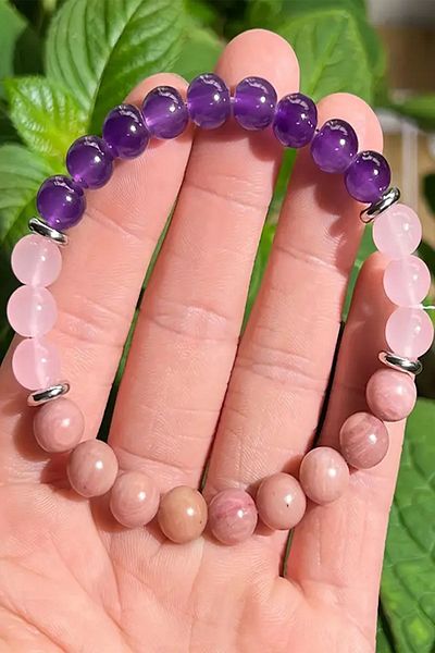 NehirTaş 8 mm Certified Natural Stone - Female Student Success Bracelet (Amethyst, Pink Quartz, Rhodonite)