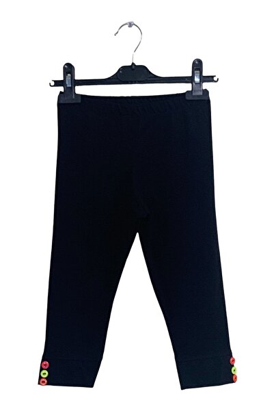 Cloise Button Detailed Kids Girls Black Capri Tights
