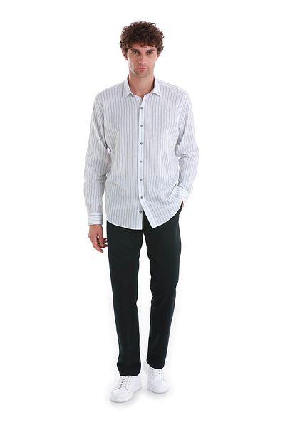Hatemoğlu Μπλε Comfort Fit ριγέ μακρυμάνικο λινό πουκάμισο με λεπτή λαιμόκοψη