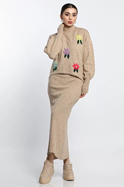 julude Embroidered Knitwear Blouse and Dress Set for Women - Half Turtleneck