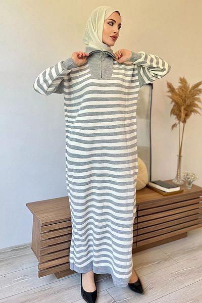 julude Grikrem Women - Ριγέ Πλεκτό Φόρεμα Hijab με μισό φερμουάρ