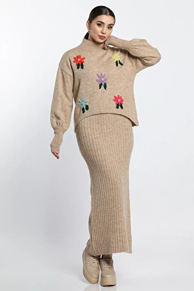 julude Embroidered Knitwear Blouse and Dress Set for Women - Half Turtleneck