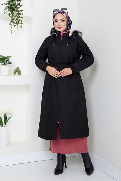 ModaMerve Trenci Bondit cu glugă din blană neagră - MSS0831-M
