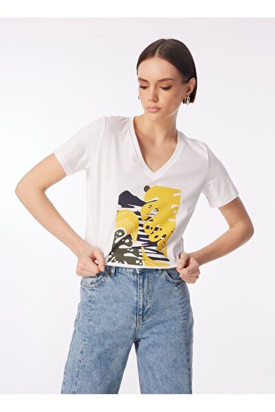 Fabrika Beyaz Kadın V Yaka Basic T-shirt F4sl-tst0719